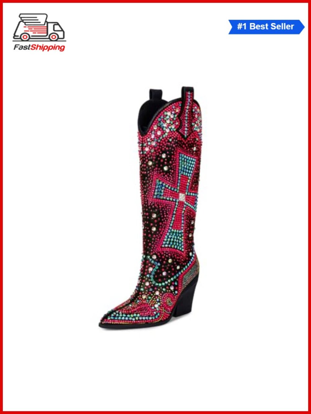✨ Rhinestone Cowboy Boots Knee High Western Cowgirl Faux Leather